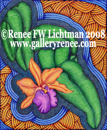 "Stained Glass Cattleya" Ballpoint Pen Drawing Artist Renee Lichtman